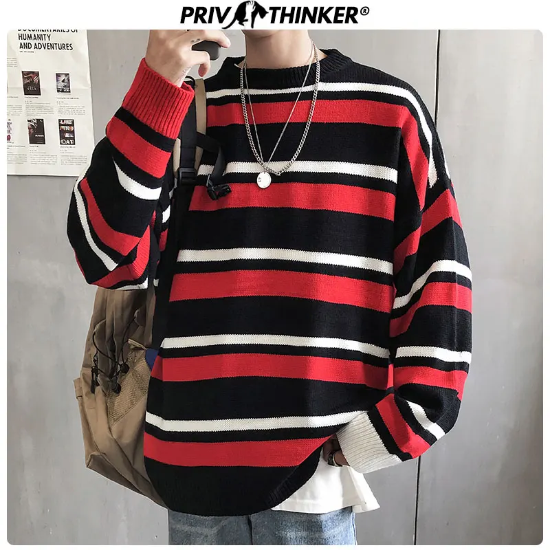 

Privathinker Men Striped Autumn Spring Sweater Male Pullovers Tops Vintage Casual Knitted Korean Sweaters Mens Fashion Tops 2020