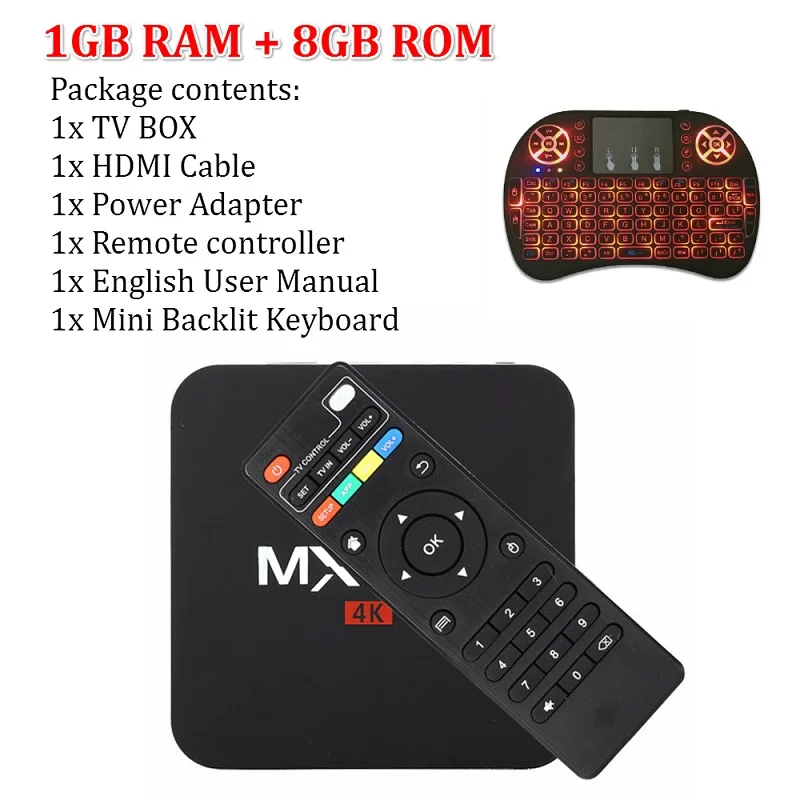 1G Backlit Keyboard T tv BOX MX Pro 4K Android tv Box IP tv Android 7,1 OS 1GB 8GB RK3229 4K 2,4 GHz wifi четырехъядерный Smart tv Box медиаплеер - Цвет: 1G Backlit Keyboard