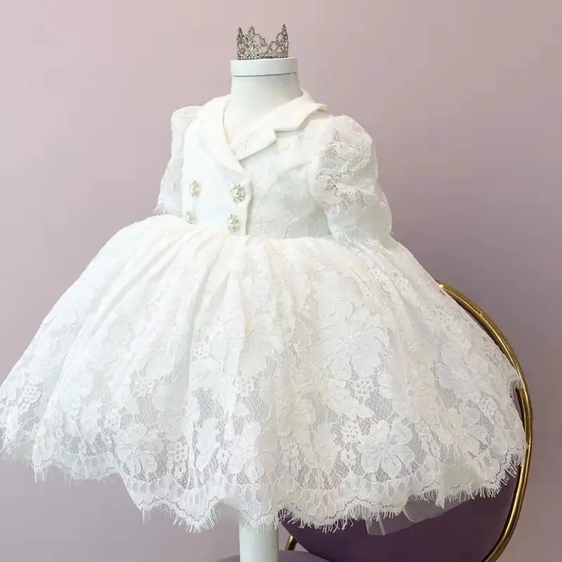 

Turn-Down Collar Baby Girl Dress 1st Birthday Wedding Party Kids Dresses For Girls White Lace Baby Baptism Christening Ball Gown