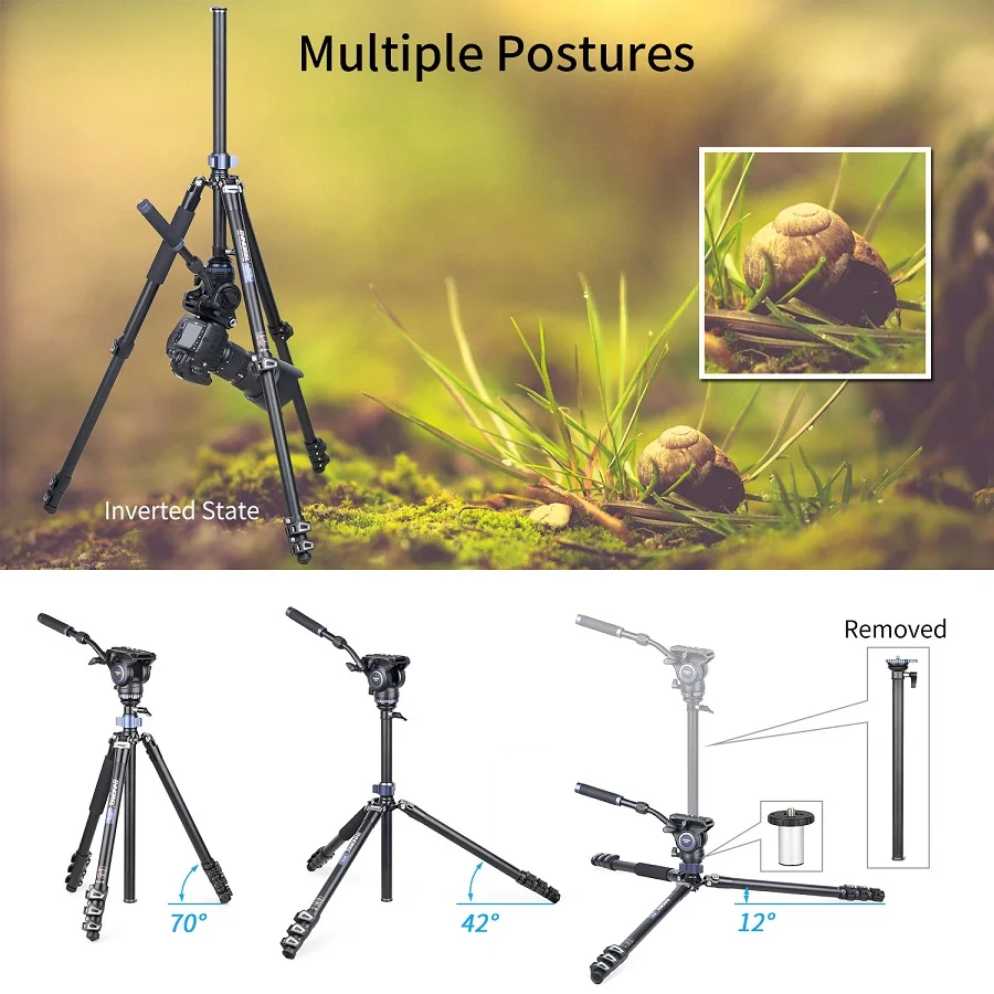 MT70 Multifunctional Video Tripod,Monopod 360 Degree CNC Alloy with Fast Flip Bu