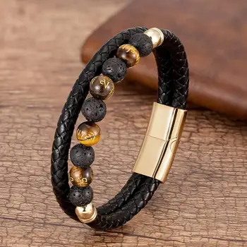 

Charm Men Stone Beaded Bracelet Vintage Multilayer Leather Rope Mens Bracelets Natural Stone Beads Stainless Steel Jewelry Gifts