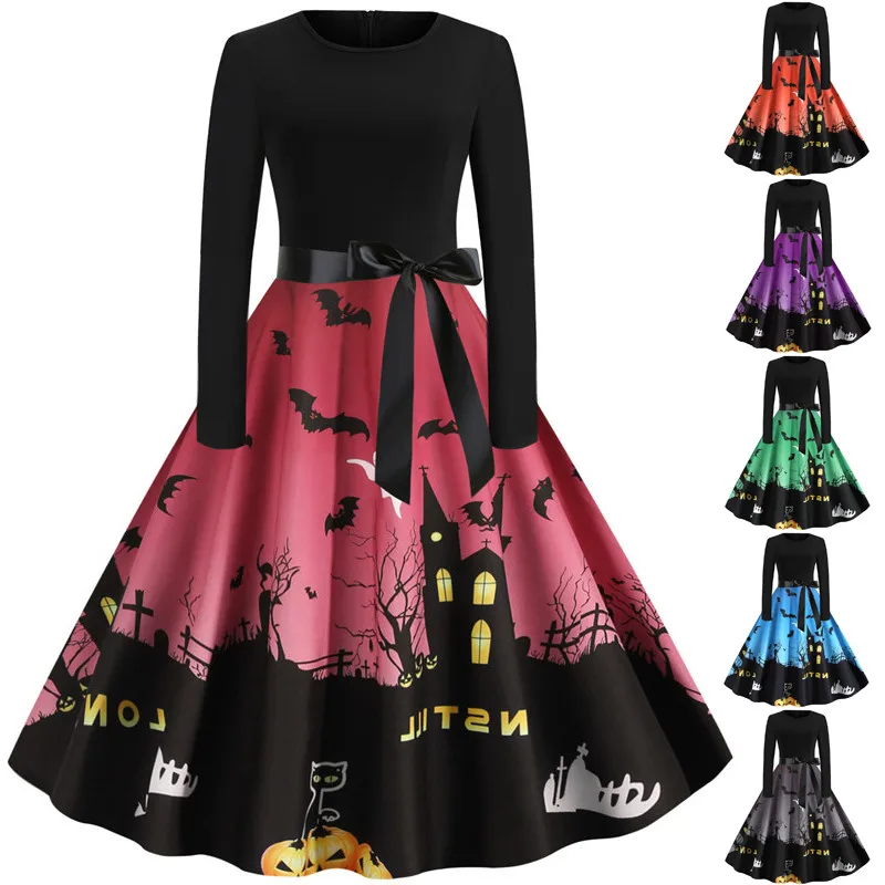 Autumn And Winter dress Halloween Women's Digital Print Waist Long Sleeve Dress Stitching A-line Vintage Bowknot O-neck Dress 1