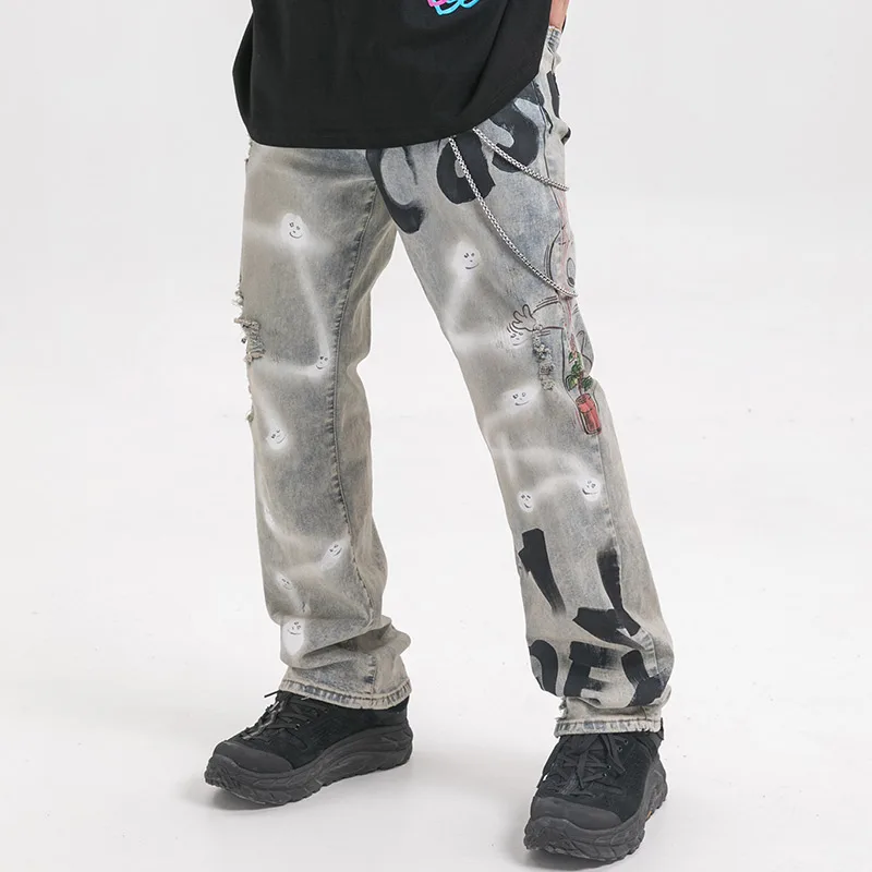 

Aolamegs Jeans Men Letter Print Denim Pants Mens Vintage Skinny Jeans Hip Hop Style Advanced Trousers Fashion Streetwear Autumn