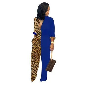 

Leopard long-sleeved stitching jumpsuit fashion new autumn opening office women's jumpsuit hot sale fashion temperament blue