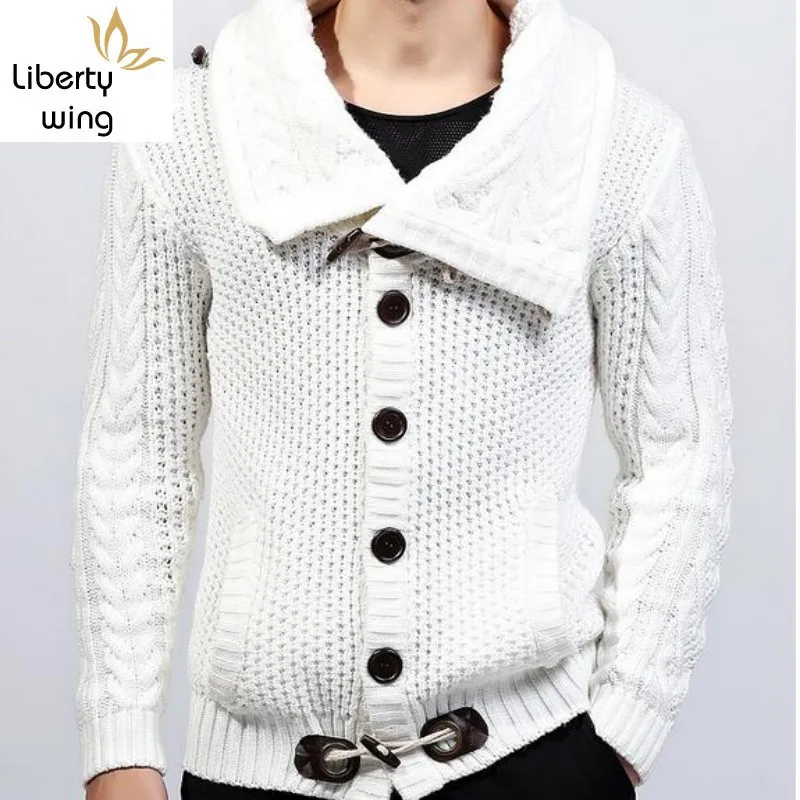 

New Quality Brand Fashion Mens Knitted Sweaters Coat Lapel Male Winter Thicken Fleece Duffel Warm Jacket Plus Size 2XL