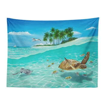 

Beautiful Sea Animal Tapestry Sea Turtle Starfish Dolphin Treasure Chest Living Room Decoration Wall Hanging Curtain Tablecloth