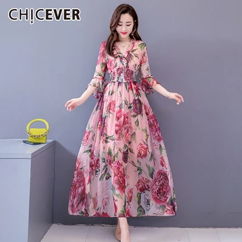 

CHICEVER Vintage Elegant Print Dress Women V Neck Flare Sleeve High Waist With Sling Maxi Pleated Female Dresses 2020 Fashion