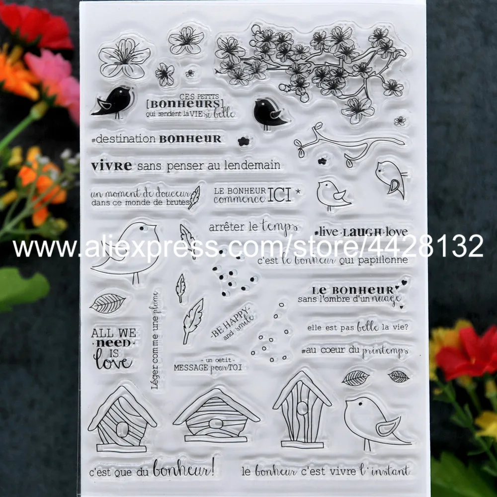 

French BONHEURS BE HAPPY Bird Flowers Birdcage Leaves Scrapbook photo cards rubber stamp clear stamp transparent stamp 9081503