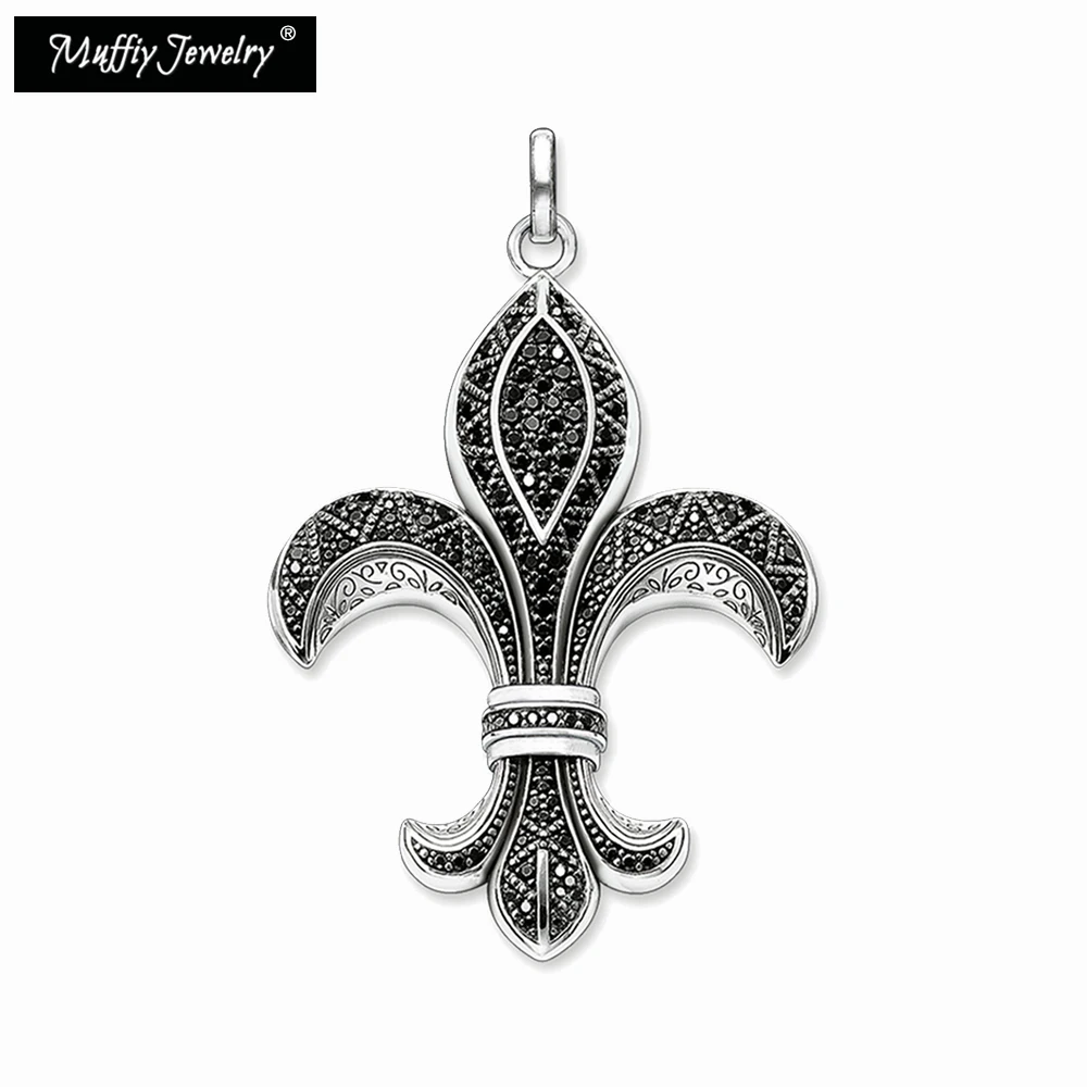 Pendant Fleur-de-lis Heart 925 Sterling Silver Black Zirconia Europe Styleing Rebel Street Fine Jewerly Accessories For Men pendant necklace,silver pendant