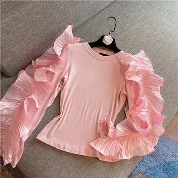 

2020 Spring Celebrity Sweet Pleat Ruffles Frilled Knit Shirt Thin Sweater Women Sweet Round Collar Stretch Jumpers Slim Blouses