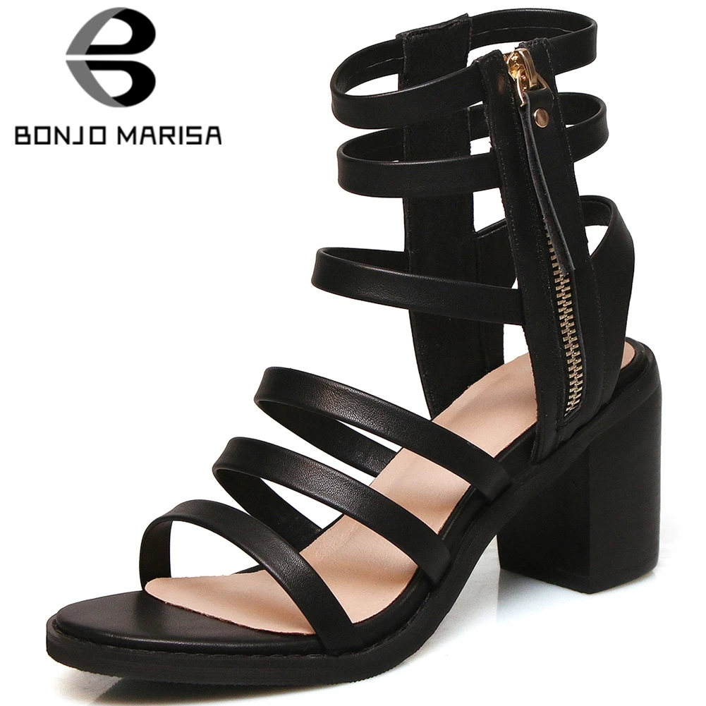 

BONJOMARISA Fashion Female Gladiator Sandals Zipper Genuine Leather High Heels Zipper Sandals Women Retro Holiday Shoes Woman