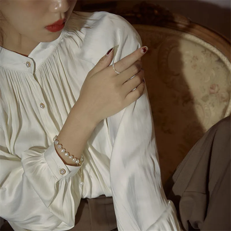Women Blouse Shirt White Lantern Sleeve Vintage Pleated Satin Shirt Summer Autumn Long Sleeve Shirt Loose Office Ladies Tops 5