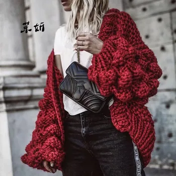 

Loose Runway Sweater Coat Winter Women Red Knitted Weave Manual Ball Thick Open Stitch Casual Lantern Sleeve Cardigans