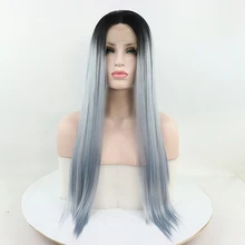 Fantasy beauty Длинные прямые темные корни синий цвет Повседневный макияж синтетические кружева спереди Свадьба Косплей парики для вечеринок