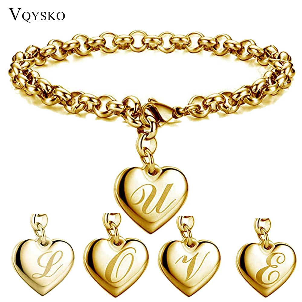 Gold-Color Initial Alphabet Heart Charm Bracelets For Women Stainless steel Link Chain Bracelet With 26 letter Engraved Jewelry