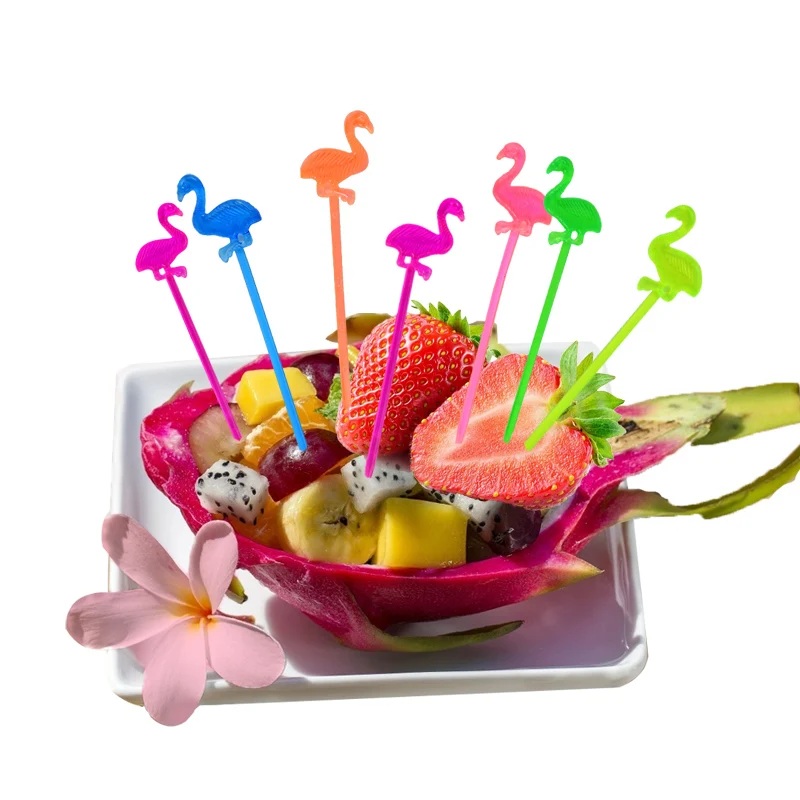 

50Pcs Mix Color Flamingo Food Fruit Picks Plastic Stick for Summer Party Decor Hawaiian Beach Pool Party Cake Decorating