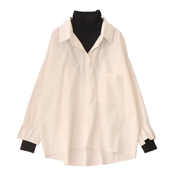 

2020 summer new false two pieces women blouse turtleneck solid loose all match preppy style lady elegant pulls outwear tops