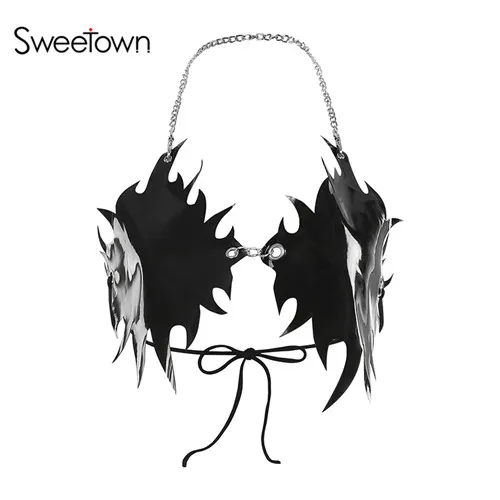black Sweetown, панк готический короткий топ из искусственной кожи с кисточками, Женская Клубная одежда с открытой спиной, сексуальные женские летние топы на шнуровке, пляжная одежда - Цвет: black