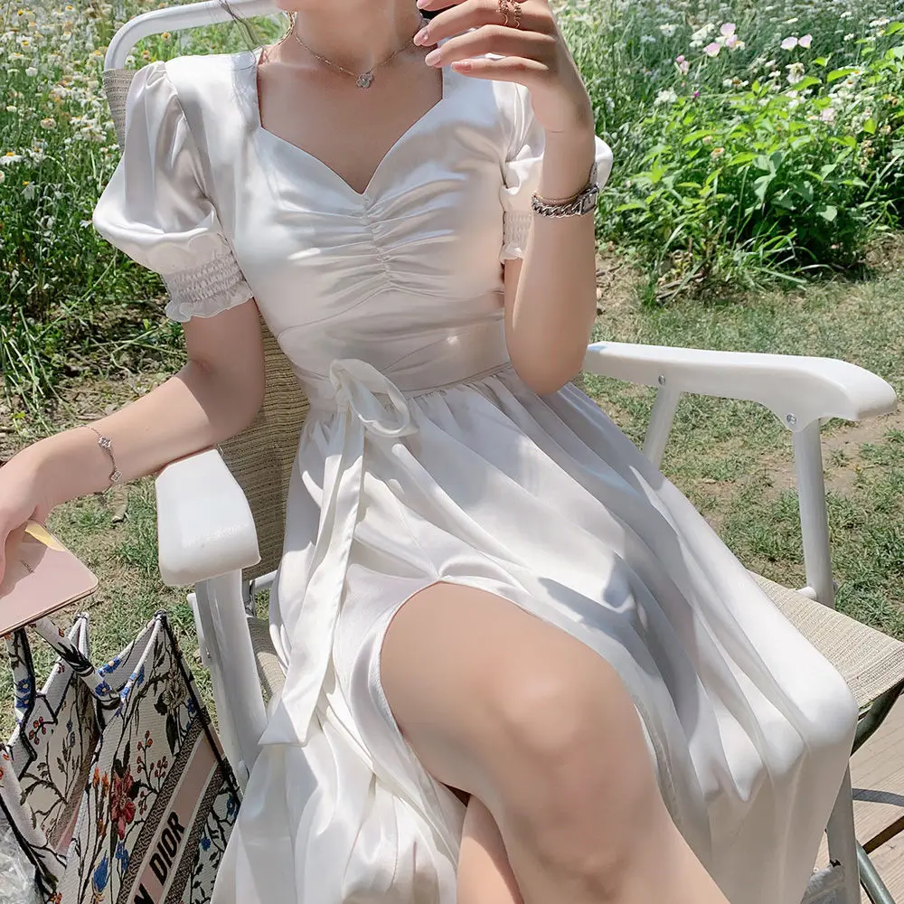 BP Midi Dress Women A-line Vintage Short Puff Sleeve Summer Woman Dot Print Split Long Chiffon Square Collar Boho Vestidos | Женская