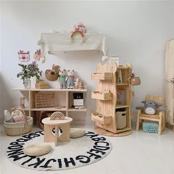 

New 360 Degree Rotating Children's Bookshelf Solid Wood Multifunctional Storage Book Picture Book Floor Storage Bear Bookshelf