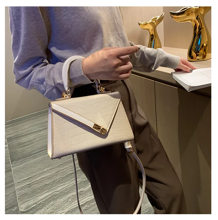 Women Small Top Handle Bag Luxury Brand Trapezoid Shaped Handbag for Women Girls Crocodile Print PU Leather Cross body Bag Beige (6)