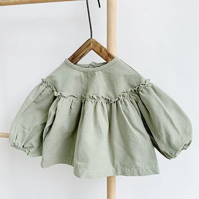 19611 pea-green Модная одежда из чистого хлопка для девочек; рубашки для маленьких девочек; От 1 до 5 лет; Детское пальто с круглым вырезом на весну-осень; футболка с длинными рукавами - Цвет: 19611 pea-green