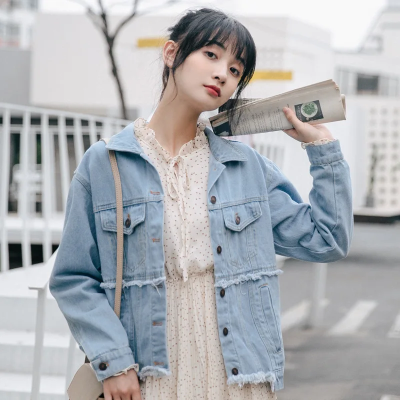 

2019 Autumn New Style Korean-style Retro Hong Kong Style Loose-Fit BF Style Burrs Joint Fold-down Collar Jeans Coat Female Jacke