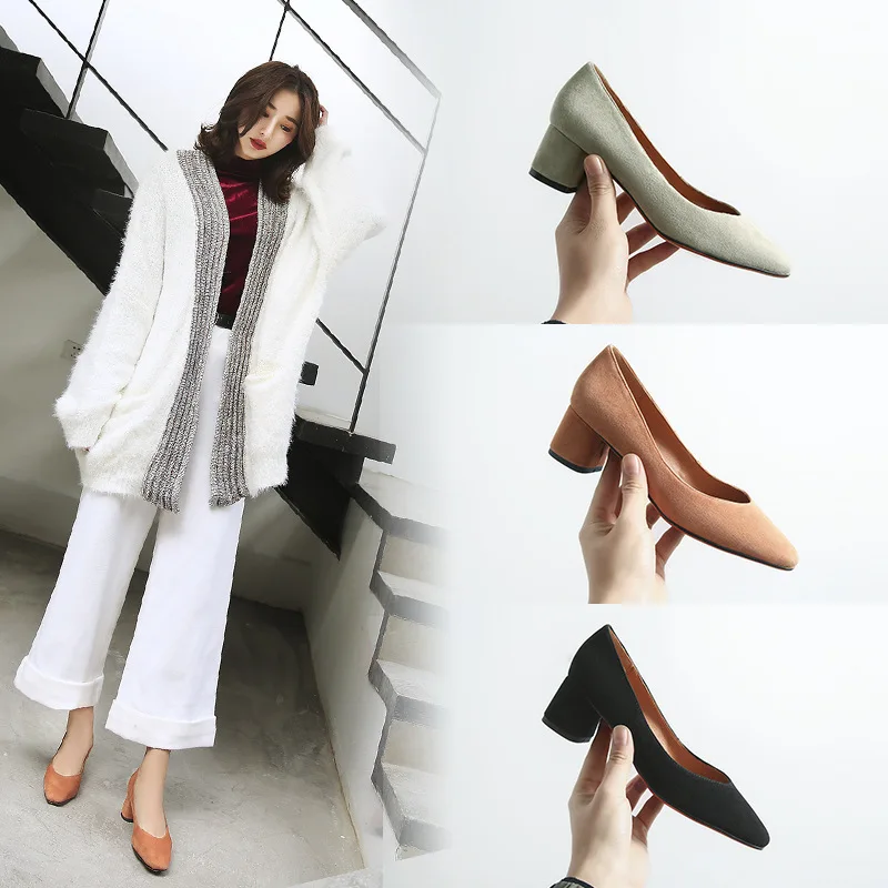 

2018 Early Spring Shoes Women's Chunky-Heel Square Head Low-Cut High Heel Shoes Semi-high Heeled Sheepskin Handmade Korean-style