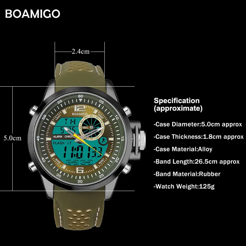 Мужские спортивные часы резиновые кварцевые часы аналоговые цифровые светодиодные часы BOAMIGO Брендовые мужские водонепроницаемые наручные часы 30 м Relogio Masculino