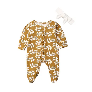 

0-6M Newborn Baby Boy Girl Long Sleeve Ruffles Floral Footies Jumpsuit Playsuit Headband 2PCS Baby Clothes