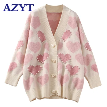 

AZYT 2020 New Pearl Decoration Sweet Knit Sweater Female Cardigan Jacket Loose Knited Cashmere Ladys Mid Long Cardigan Coat