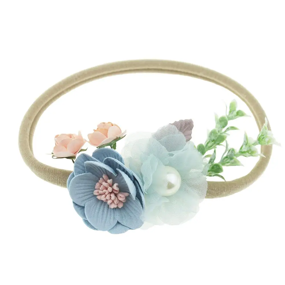 

1PCS Children Nylon Headband Tulle Flower Pearl Twig Soft Elastic Infant Girl Birthday Dress Up Hair Accessories Photo Props