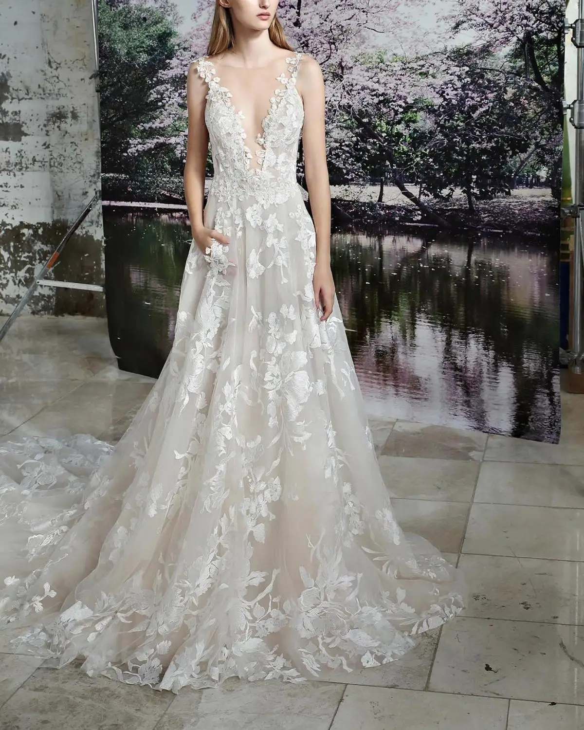 Robe de soiree романтические кружевные свадебные платья Длинные вечерние платья сексуальные глубокий v-образный вырез с открытой спиной и аппликациями свадебное платье Vestido De Noiva