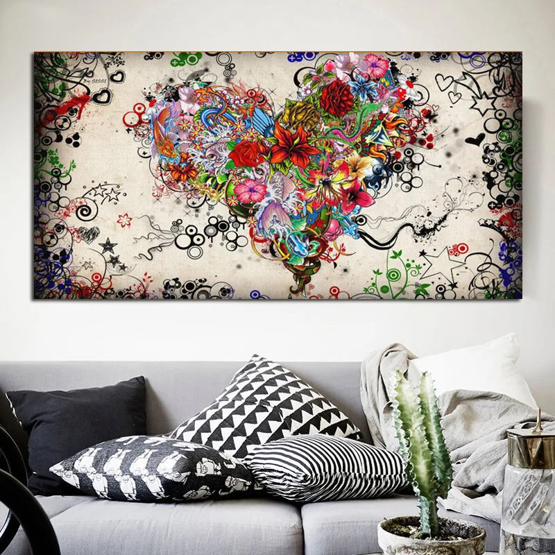 Modern Canvas Painting Abstract Colorful Heart Flowers Posters and Prints Wall Art Pictures for Living Room Cuadros Home Decor | Дом и сад