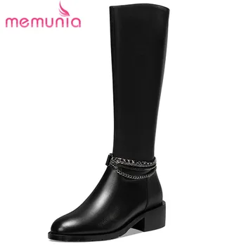 

MEMUNIA 2021 big size genuine leather shoes women knee high boots round toe autumn winter fashion chain riding boots woman