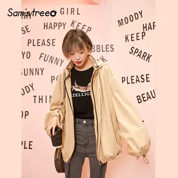 

SAM'S TREE Khaki Solid Zipper Pocket Oversive Women Jacket 2020 Spring Drawstring Waist Long Sleeve Casual Ladies Daily Coats
