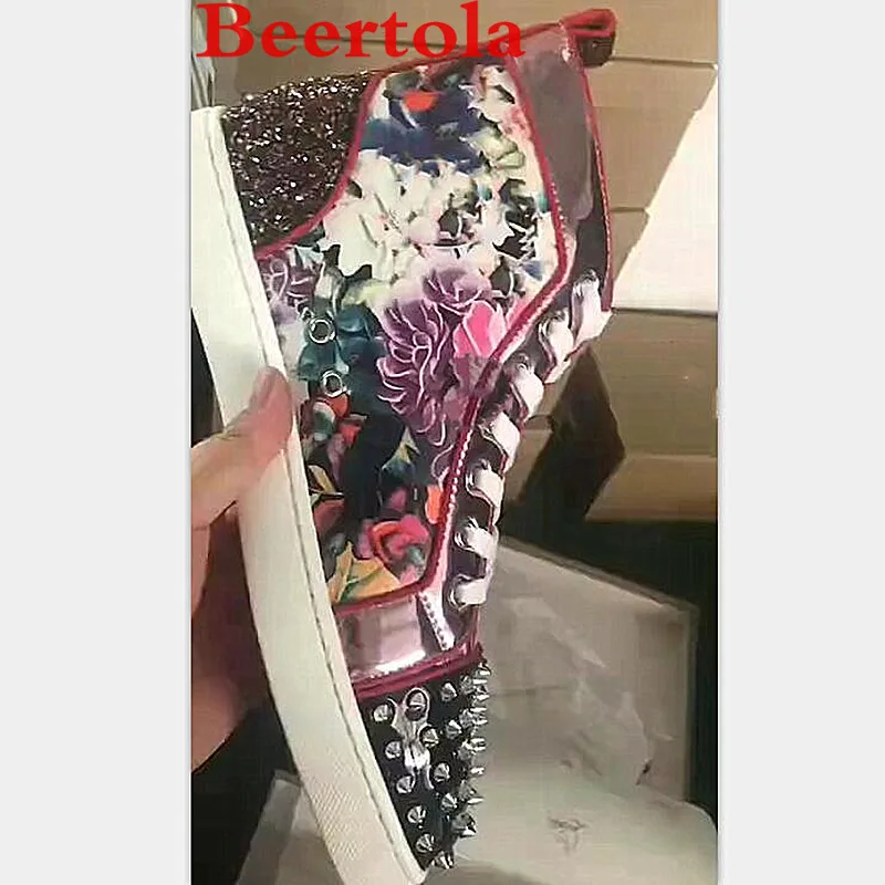 New Casual Men's Shoes Designers High Top Spikes Rivets Flats Men Autumn Rose Flowers Print Sequin Shiny Chaussures Hommes | Обувь