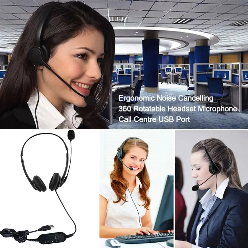 USB Wired Interface Neckband Ergonomic Noise Cancelling 360 Rotatable Headset Microphone Call Centre