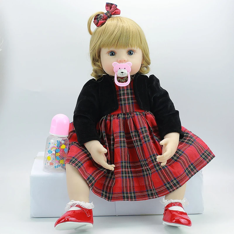 

58CM Reborn Baby Doll Toy Soft Silicone Red Plaid Dress Cloth Body Short Volume Hair Realistic Newborn Baby Doll Toddler Kids