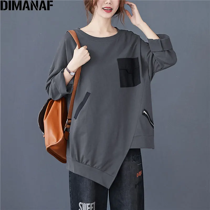 

DIMANAF 2020 Plus Size Women T-Shirt Casual Vintage Patchwork Zipper Pullover Cotton Solid Autumn Tee Shirt New Big Size Tops