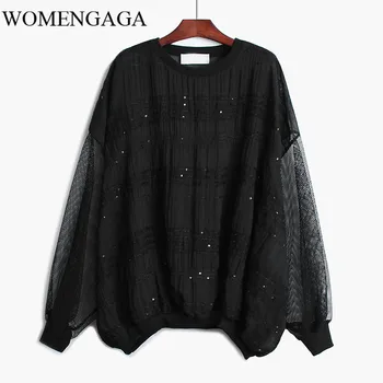 

Loose Loose Fit Spliced Hollow Out Chiffon Sweatshirt Round Neck Long Sleeve Women Big Size Fashion Autumn Winter 2020 FFUQ