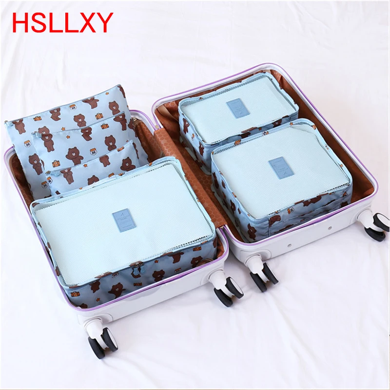 

6PCS/Set Travel Bag Sets Waterproof Packing Cube Clothing Sorting System Durable Organizer Luggage Large Capacity Brown Bear Bag