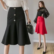 Новинка, высокая талия, однобортная Женская миди Офисная Женская юбка, элегантная, с оборками, посылка, бедра, юбка размера плюс, женские юбки s