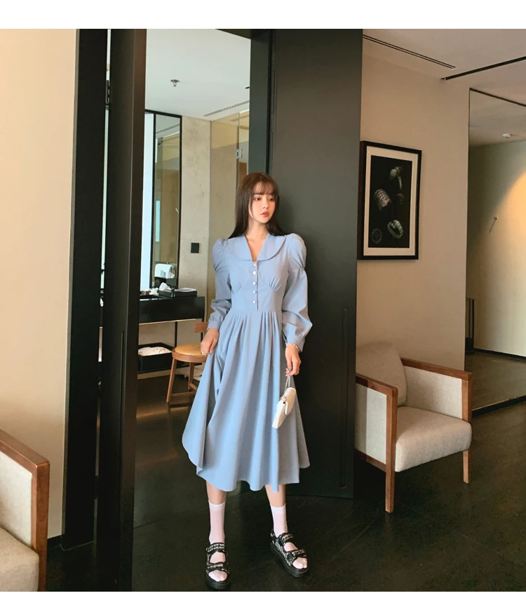 2020 autumn and winter fashion new retro dress Hepburn style French girl long sleeve gentle puff sleeve over the knee mid-length