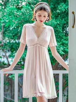 

Vintage Nightgown Pink Sweet Sleepwear Vintage Pink Women Homewear Night Dress For Wedding Nightwear Lingerie with Chest pad