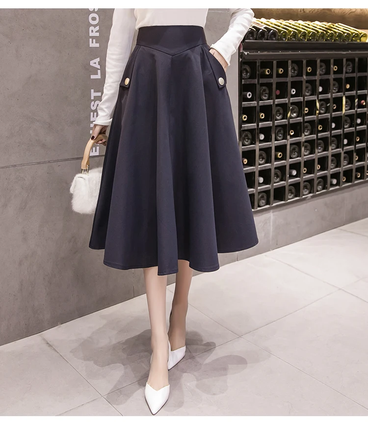 2021 New Elegant High Waist Midi Skirt Women Spring Autumn Ball Gown Long Skirts Vintage Dark Blue Ladies Unbrella Skirt skater skirt