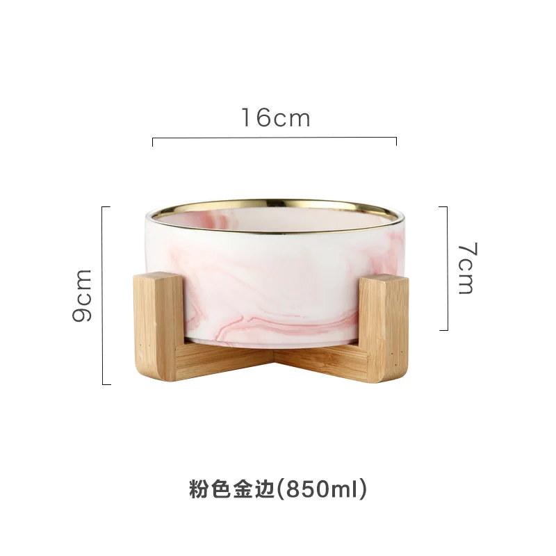 Pink Glod Rim Stand Керамическая миска из мрамора в скандинавском стиле с бамбуковым держателем на стойке, вместительная миска для салата, фруктов, десерта, миска для кошек, домашних животных, столовая посуда 850 мл - Цвет: Pink Glod Rim Stand