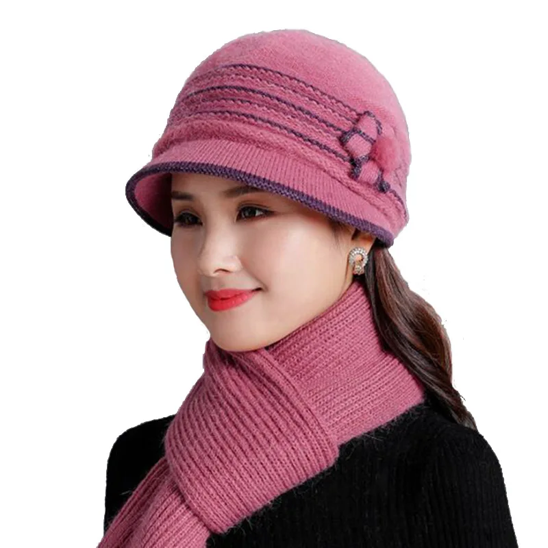 RUHAO Layer Winter Hats for Women Rabbit Fur Hat Warm Knitted and Scarf set Middle Age Large Flower Mom Beanies cap | Аксессуары для