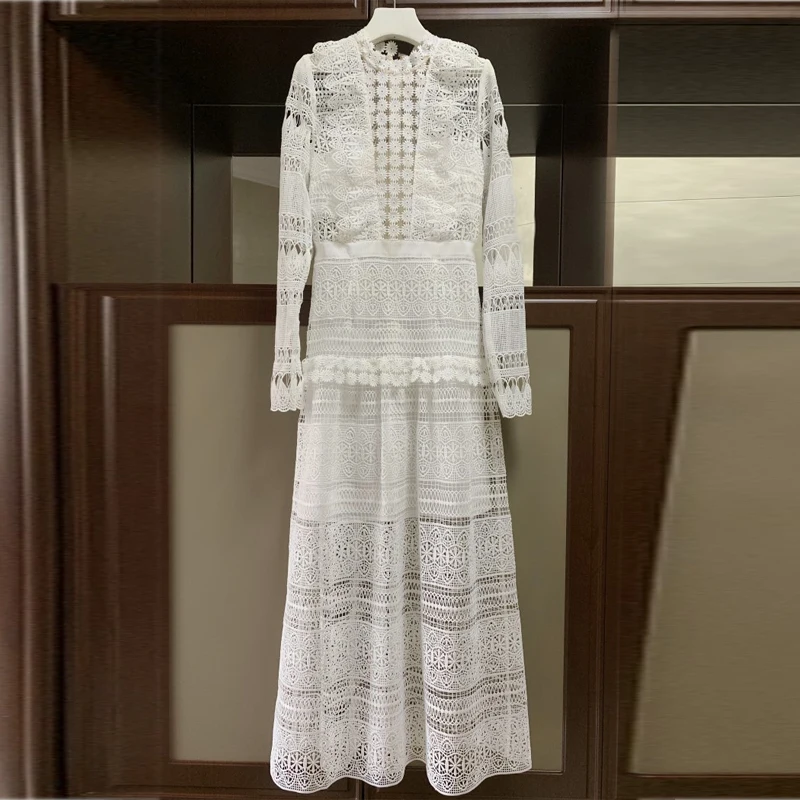 

Goodlishowsi Autumn Women Elegant Dress White Hollow Out O-Neck Long Sleeve Maxi Dress Ladies Lace A-Line Dresses