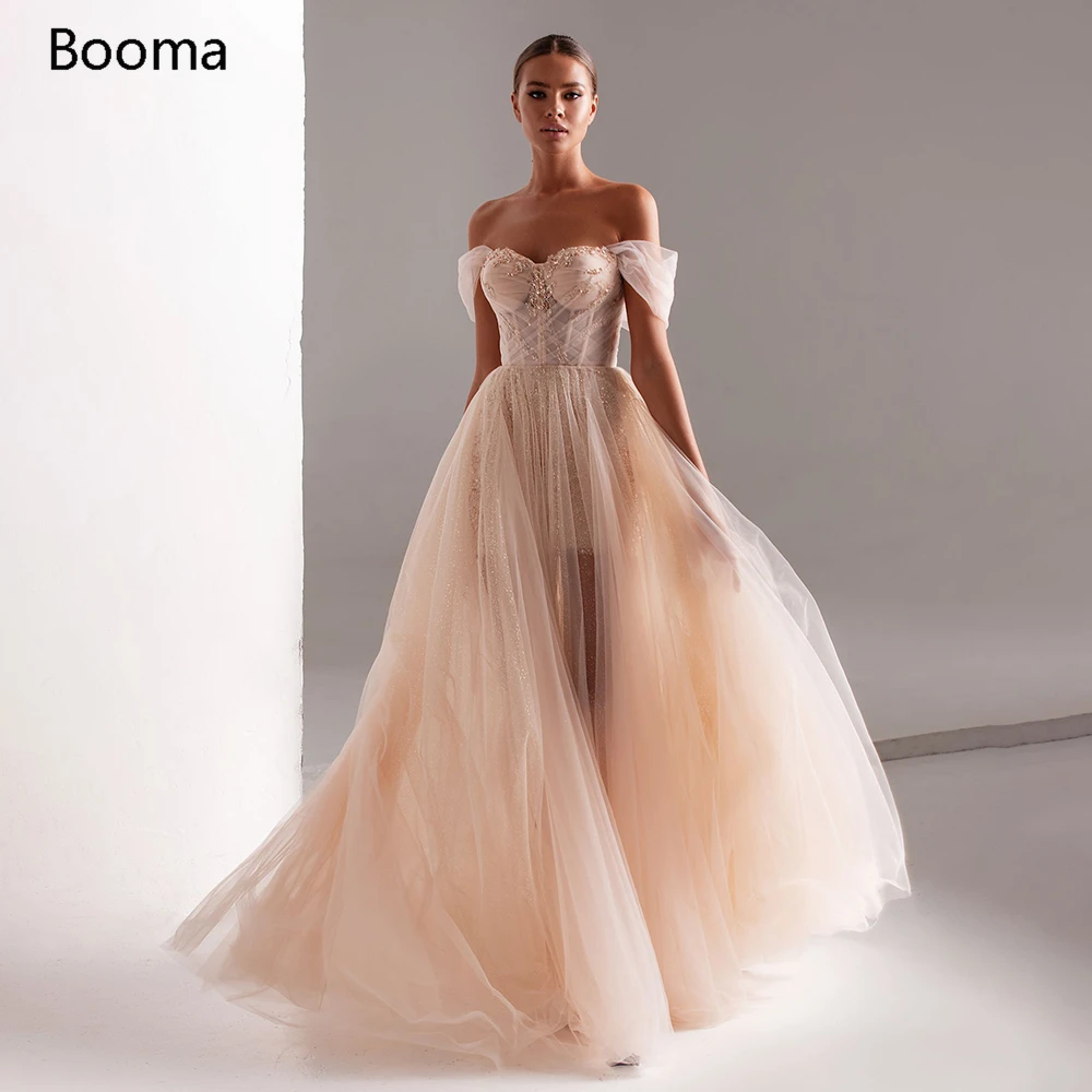 

Booma Glitter Off Shoulder Prom Dresses Sweetheart Major Beading A-Line Evening Dresses Ruched Tulle Exposed Boning Formal Gowns